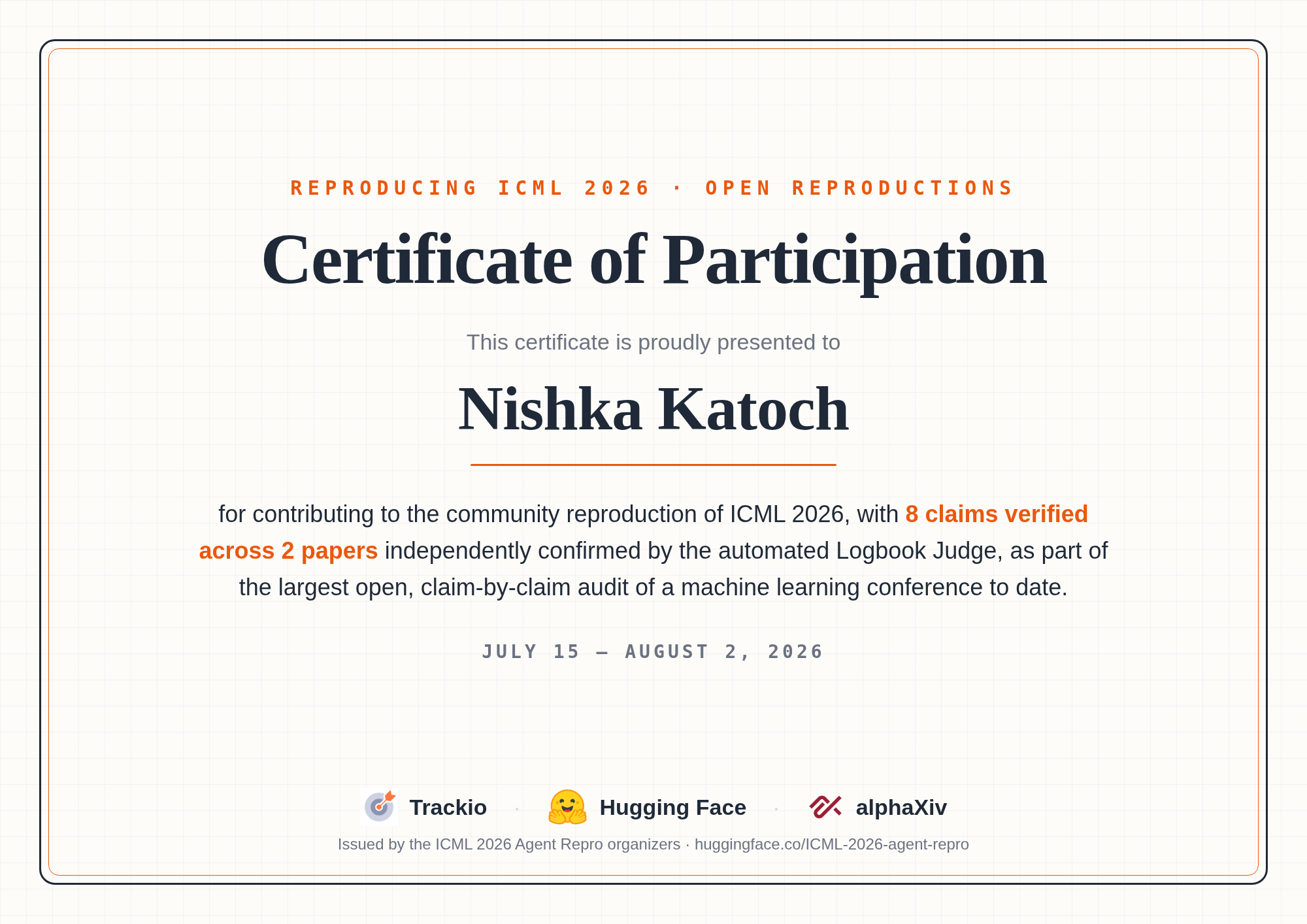 ICML 2026 Reproduction Challenge Certificate